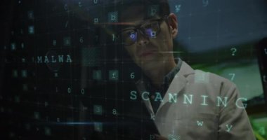 Bilgisayar sunucusu tabletli Asyalı erkek mühendis için siber saldırı uyarısı. veri işleme, bulut hesaplama konsepti ve teknoloji konsepti dijital olarak oluşturulmuş video.