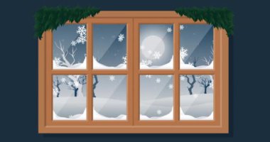 Pencereden düşen kar ve noel sahnesinin animasyonu. Noel, kış mevsimsel selamlar ve dijital olarak oluşturulan kutlama konsepti.