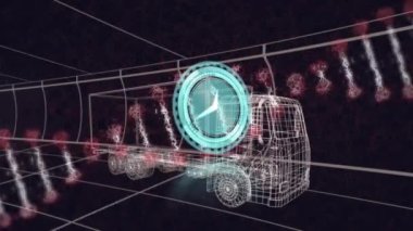 Saat ve DNA 'nın animasyonu 3 boyutlu kamyon ve ızgara modelinin üzerine çizilmiş. küresel mühendislik, veri işleme ve dijital arayüz kavramı dijital olarak oluşturulmuş video.