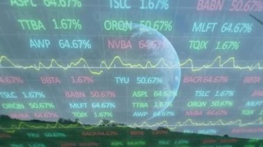 Rüzgâr türbini üzerinde finansal veri işleme ve küre animasyonu. küresel iklim değişikliği, sürdürülebilirlik ve rüzgar enerjisi konsepti dijital olarak oluşturulmuş video.