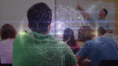 Öğrenci erkek öğretmen üzerinden dünya ile bağlantı ağının animasyonu. küresel eğitim, eğitim ve bağlantılar dijital olarak oluşturulmuş video konsepti.