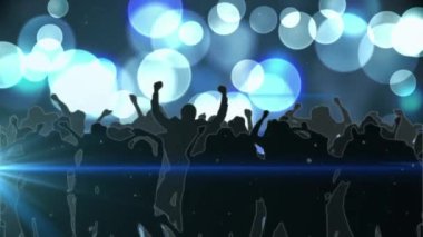 Beyaz ve mavi bokeh ışıklı dans eden kalabalığın animasyonu. kutlama, parti, müzik ve olay konsepti dijital olarak oluşturulmuş video.