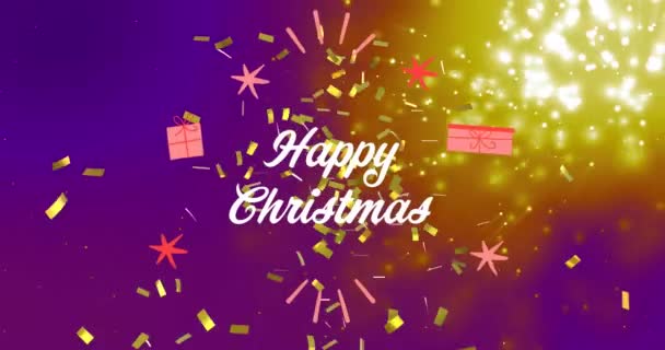 Animação Texto Natal Feliz Sobre Confetes Manchas Luz Natal Inverno — Vídeo de Stock