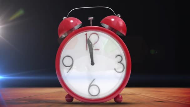 Animation New Year Greetings Alarm Clock Showing Midnight Flashing Spotlights — Stock Video