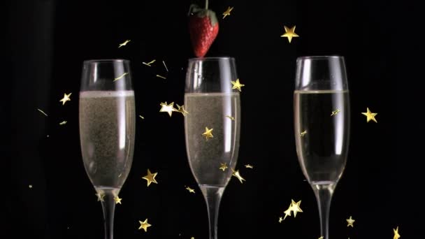 Animation Stars Floating Glasses Champagne Black Background New Year Eve — Stock Video