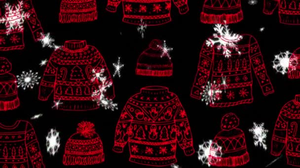 Animação Neve Caindo Sobre Chapéu Vermelho Natal Padrão Jumper Fundo — Vídeo de Stock