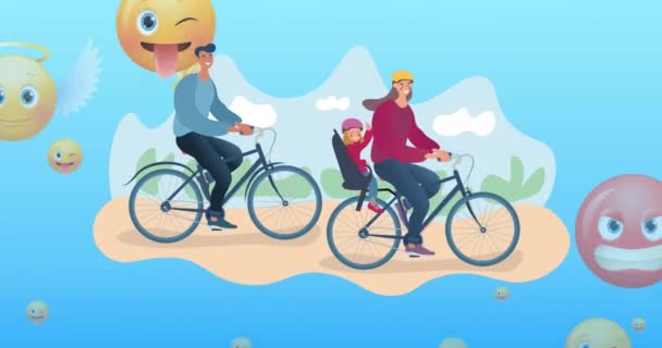 Κινούμενο Σχέδιο Των Χαμογελαστών Γονέων Ιππασία Ποδήλατα Την Κόρη Πάνω — Αρχείο Βίντεο