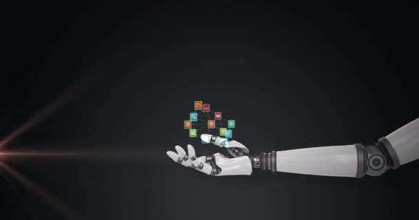 在机器人手臂上的媒体图标网络动画 在黑暗背景下移动的光 电子工程技术 通信和研究概念 — 图库视频影像