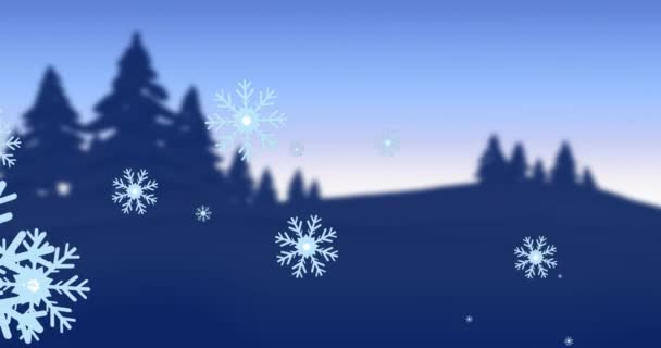 Animation Falling Snowflakes Silhouetted Trees Landscape Christmas Time Christmas Tradition — Stock Video