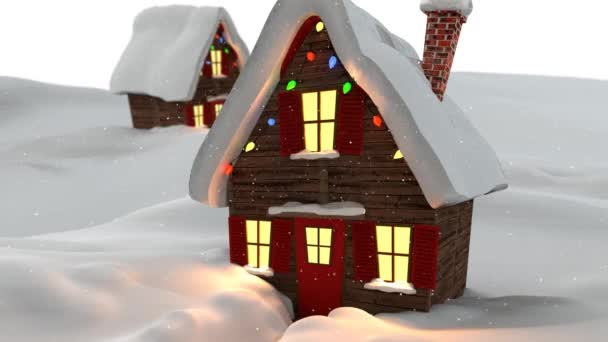 冬の風景の中にクリスマスの妖精の光で飾られた家の上に落ちる雪片のアニメーション クリスマス 伝統とお祝いのコンセプトデジタルで生成されたビデオ — ストック動画