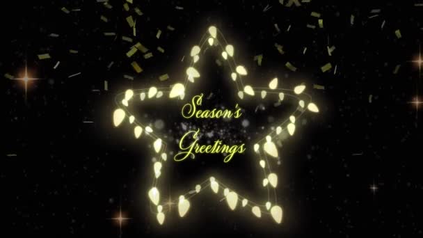 妖精のライトフレームと背景に落ちるコンフェッティ上のクリスマスの挨拶のアニメーション クリスマス お祝いのコンセプトをデジタルで — ストック動画