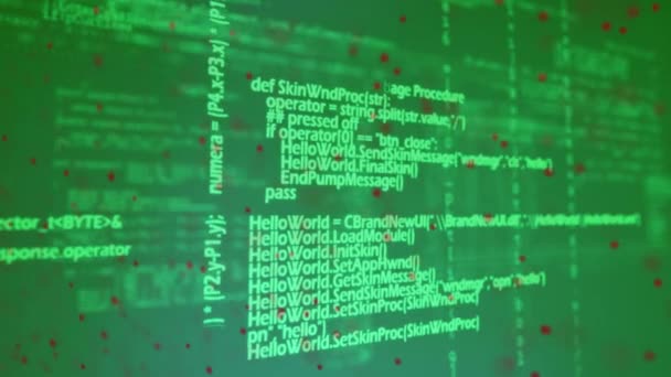 緑の背景に 処理データ上を回転する赤いDnaヘリックスのアニメーション 地球規模の科学教育研究技術の概念デジタルで生成されたビデオ — ストック動画