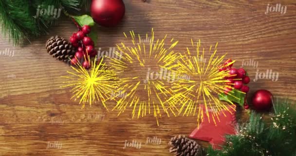 Animação Texto Alegre Repetição Fogos Artifício Sobre Decorações Natal Natal — Vídeo de Stock