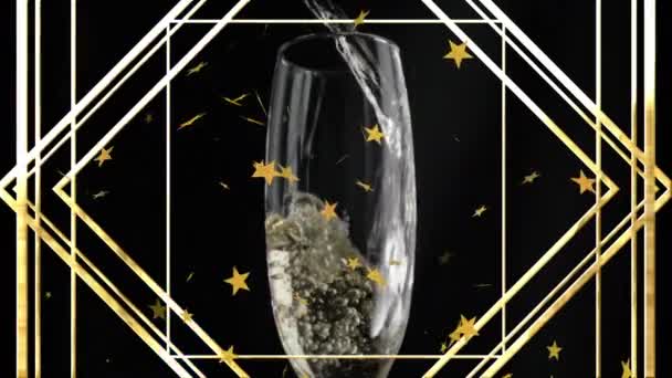 Animatie Van Sterren Zwevend Gouden Frame Glas Champagne Zwarte Achtergrond — Stockvideo