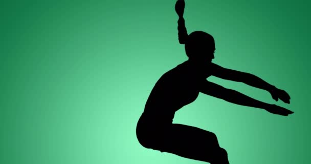 Animation Silhouette Female Athlete Landing Jump Green Background National Hobby — Stock Video