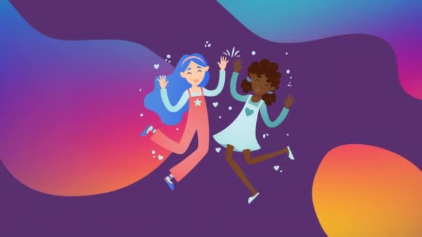 Animation Illustration Happy African American Caucasian Girl Dancing Colourful Shapes — Stock Video