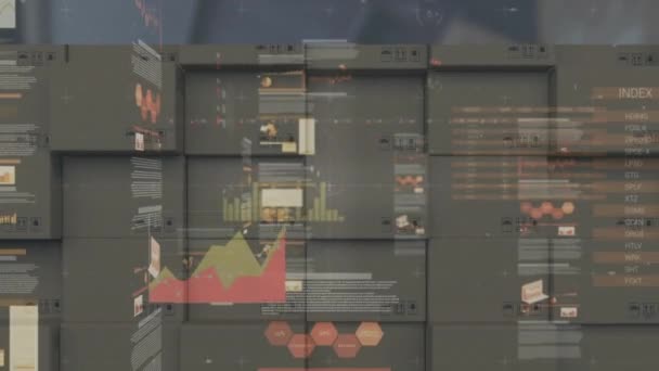 Animation du traitement des statistiques sur pile de boîtes en carton en arrière-plan. expédition mondiale, livraison, achats en ligne et connexions concept vidéo généré numériquement.