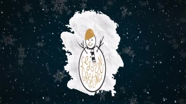 Animatie Van Seizoenen Begroet Tekst Sneeuwpop Met Kerst Sneeuw Vallen — Stockvideo