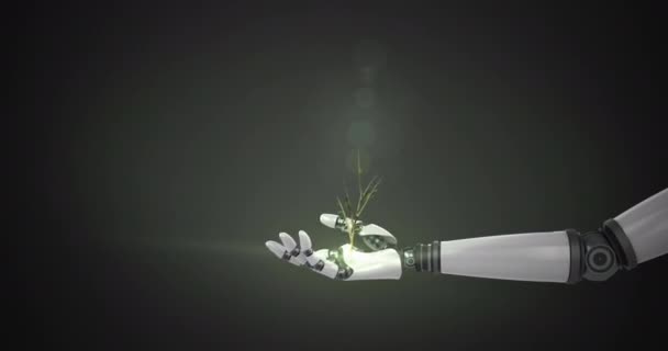 Animasjon Planter Hendene Robotarmen Med Lys Bevegelse Mørk Bakgrunn Elektronisk – stockvideo