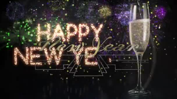 Animación Feliz Año Nuevo Saludos Sobre Copa Champán Fuegos Artificiales — Vídeo de stock