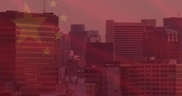 Animación Bandera China Sobre Paisaje Urbano Economía China Concepto Negocio — Vídeos de Stock