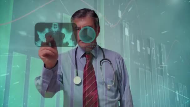 Animacja Męskiego Lekarza Pomocą Interfejsu Ekranu Dotykowego Przetwarzania Danych Globalne — Wideo stockowe