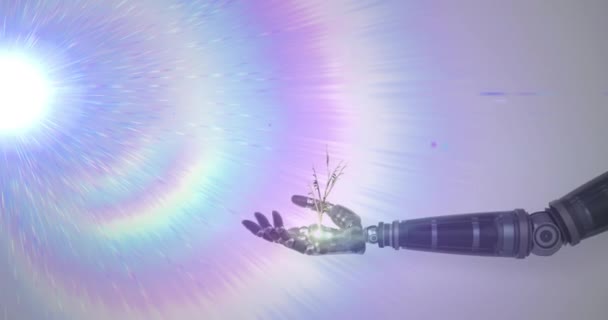 灰色の背景にプリズム光で ロボットアームの手に成長する植物のアニメーション 電気工学技術コミュニケーション研究コンセプトデジタルで生成されたビデオ — ストック動画