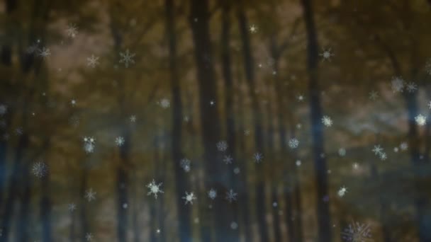 茶色の背景に木々の上に山の上に降る雪のアニメーション クリスマス 伝統とお祝いのコンセプトデジタルで生成されたビデオ — ストック動画