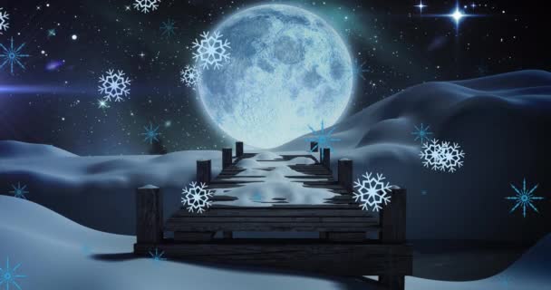 Animatie Van Witte Kerst Sneeuwvlokken Vallen Nachts Met Volle Maan — Stockvideo