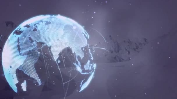 山を背景に回転する地球とのつながりのアニメーション グローバルな接続とデータ処理の概念デジタルで生成されたビデオ — ストック動画
