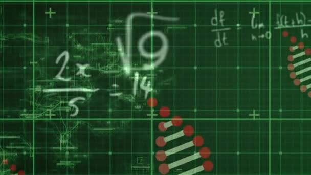 Animation Von Gleichungen Und Dna Strängen Die Über Die Verarbeitung — Stockvideo