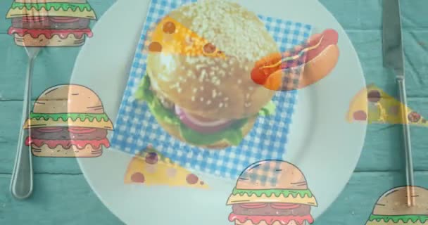 Animation Der Illustration Mit Hotdogs Und Hamburgern Über Hamburger Auf — Stockvideo