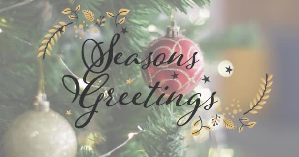 Animation Seasons Greetings Text Christmas Tree Christmas Winter Tradition Celebration — Stock Video