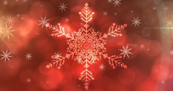 Animation Von Fallendem Schnee Und Weihnachtsschneeflocke Auf Rotem Bokeh Hintergrund — Stockvideo