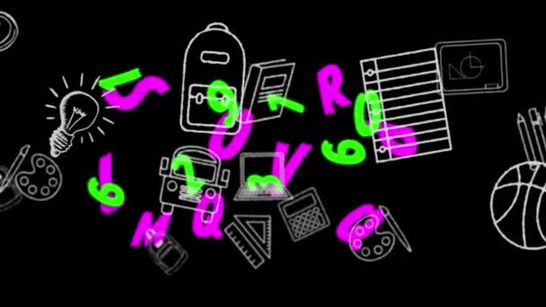 Animação Mudança Números Verdes Letras Rosa Itens Escola Movimento Sobre — Vídeo de Stock