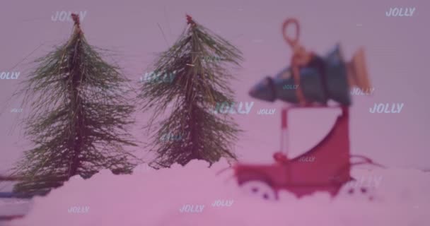 Animasjon Lystig Tekst Modellbil Med Juletre Snølandskap Jul Tradisjon Feiringskonsept – stockvideo