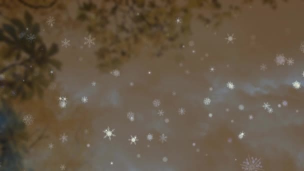 Animacja Płatków Śniegu Spadających Drzewa Brązowym Tle Zima Boże Narodzenie — Wideo stockowe