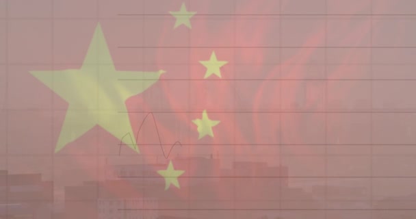 Animation Drapeau Chine Traitement Des Données Financières Sur Paysage Urbain — Video