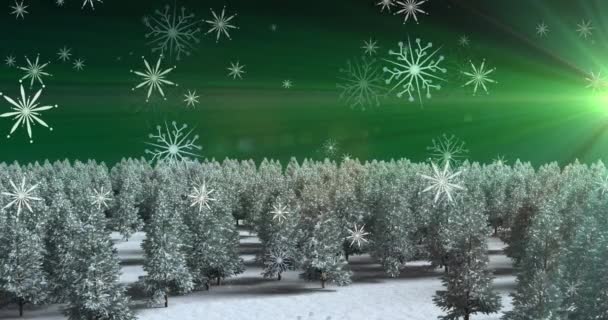 Animación Copos Nieve Navidad Cayendo Sobre Campo Cubierto Nieve Árboles — Vídeo de stock