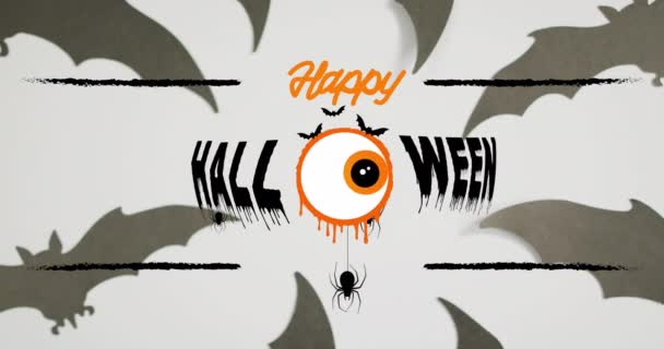 Fröhliches Halloween Textbanner Mit Gruselaugen Und Spinnensymbolen Gegen Mehrere Fledermausspielzeuge — Stockvideo