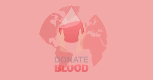 Animation Donate Blood Text Hands Droplet Logo Globe Pink Background — Stock Video