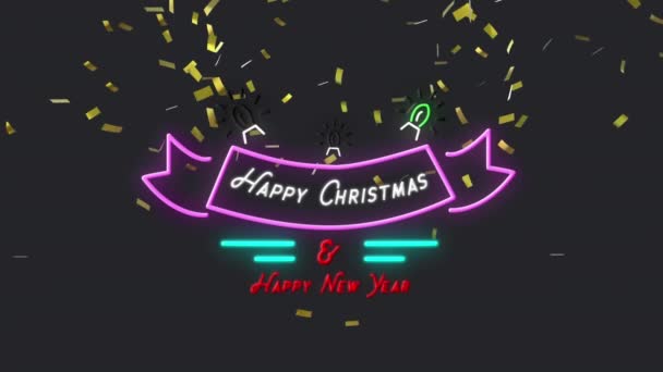 Animation Season Greetings Neon Text Confetti Falling Christmas New Year — Stock Video
