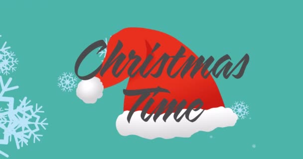 Animation Christmas Time Text Snow Falling Santa Hat Christmas Winter — Stock Video