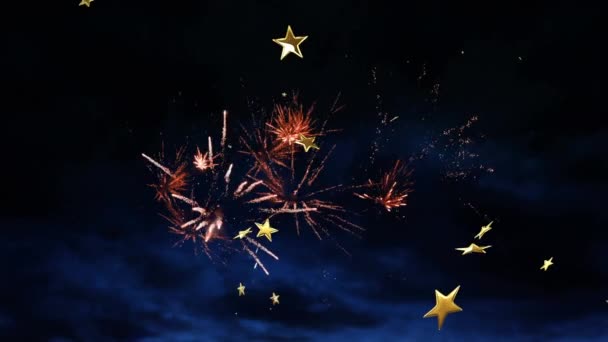 多颗恒星的动画漂浮在云彩之上 烟火飘扬 新年前夕庆祝活动的概念数码制作的视频 — 图库视频影像