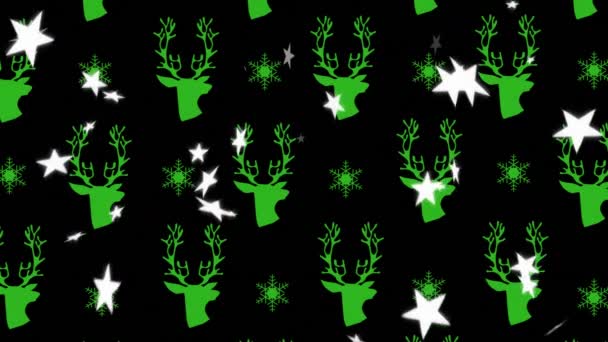 Animation Stars Falling Christmas Green Reindeer Pattern Background Christmas New — Stock Video
