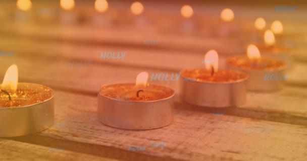 Animation Holly Text Blue Lit Tea Light Candles Christmas Tradition — Stock Video