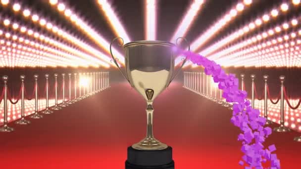 Animación Trofeo Oro Fuegos Artificiales Color Púrpura Sobre Lugar Alfombra — Vídeos de Stock