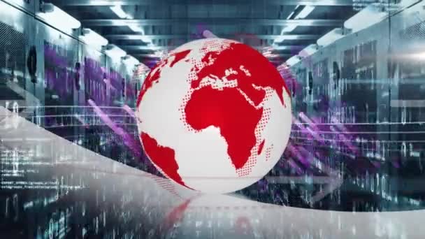 지구본 화살표 라이트 트레일 데이터 처리를 컴퓨터 서버를 애니메이션한다 글로벌 — 비디오
