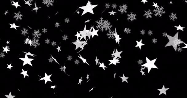 多颗恒星和雪花的数字动画图标在红色背景下飘扬 圣诞节节庆和庆祝媒介图解概念 — 图库视频影像