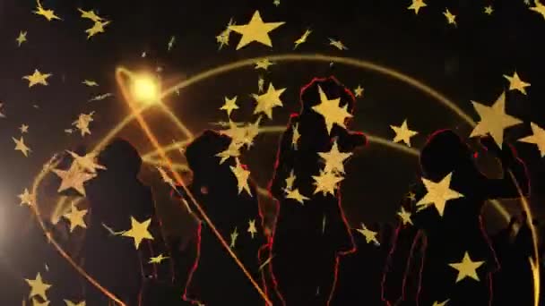 Animação Estrelas Caindo Sobre Silhuetas Dançantes Pessoas Sobre Trilhas Luz — Vídeo de Stock
